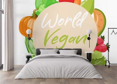 World vegan day beige round frame with colourful vegetables and fruits. Wall mural