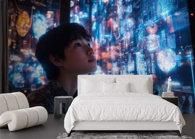 Young digital artist immersed in futuristic neon environment for creative inspiration Wall mural