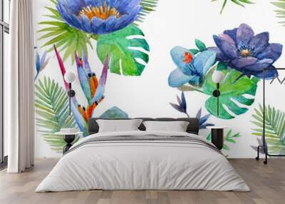 Pattern with watercolor tropical flowers, leaves and plants on white background. Hand painted jungle paradise background for textile. Wall mural