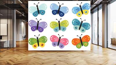 Butterfly collection, cute kids cartoon vector. Illustration isolated on white background. Color insect clipart. Baby shower design elements. Party invitation, birthday celebration. Spring, summer art Wall mural