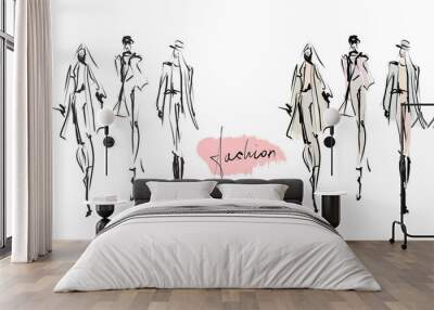 Young stylish girls. Women's fashion set. Hand-drawn illustration. Sketch, vector Wall mural