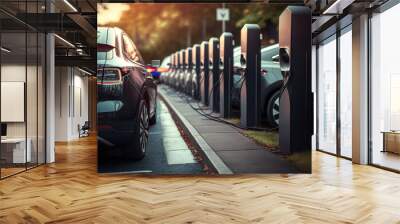 A line of electric cars charging at a public charging station. AI generation Wall mural