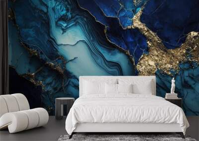 Close-up of blue and shiny gold spirit ink abstract texture, fashionable wallpaper. AI Generation Wall mural