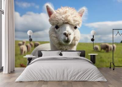 Close up of white alpaca looking straight ahead in the beautiful green meadow. AI generated Wall mural