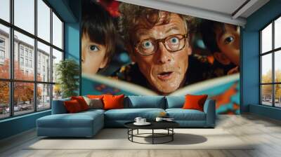 Engaging storytelling time with enthusiastic adult and two children at a cozy indoor setting Wall mural