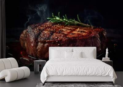 Grilled beef steak on a dark background. AI generated Wall mural