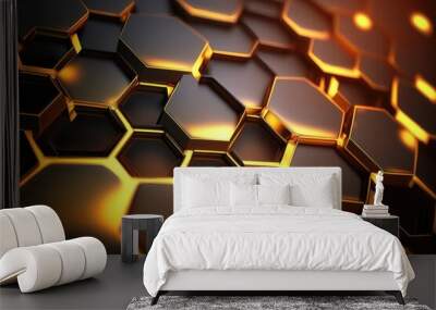 Hexagonal abstract metal background with light. AI generation Wall mural