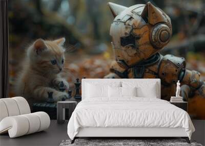 Kitten playing with robot chess set Wall mural