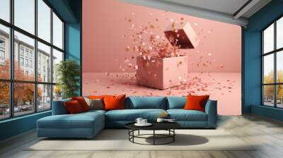 Open gift box and confetti falling on pastel pink background. AI generated Wall mural