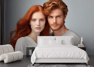 Portrait of beautiful redhead couple isolated on grey studio background. AI generated Wall mural