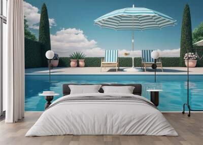 Relaxing tropical swimming pool and beach chairs in blue tones. AI Generation Wall mural