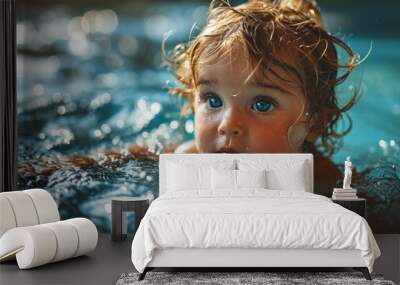 Sporty concept: Teaching a lovely baby to swim in a pool Wall mural