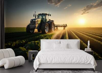 Tractor spraying pesticides on soybean field at spring. AI Generation Wall mural