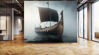 Vikings boat in a fog. AI generation Wall mural