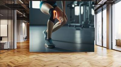 Women's leg and knee pain after a workout at the gym. Treatment of joints and leg injuries. AI Generation Wall mural