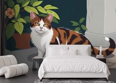 A cat is sitting on a blue background with a full moon in the sky Wall mural