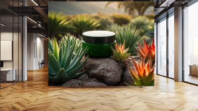 A green skincare cream jar is positioned on a rock surrounded by lush plants under sunlight. The scene captures a tranquil garden atmosphere, highlighting the natural beauty of the surroundings. Wall mural