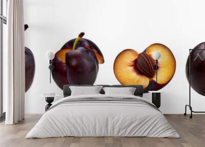 Four plums, two whole and two halves, one showing the pit. Wall mural