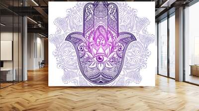 Hand drawn Ornate amulet Hamsa Hand of Fatima. Ethnic amulet common in Indian, Arabic and Jewish cultures. Wall mural