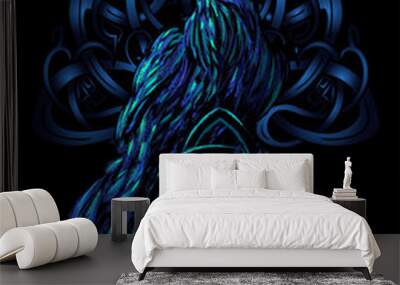 Odin's Celtic Raven. Scandinavian tattoo. Runic symbols in the Old Norse language mean Raven. Trixel, Celtic cross, Gungir and knots. Vector illustration of Scandinavian myths Wall mural