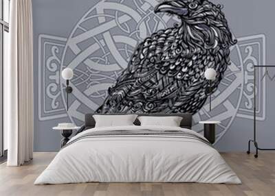 Odin's Celtic Raven. Scandinavian tattoo. Runic symbols in the Old Norse language mean Raven. Trixel, Celtic cross, Gungir and knots. Vector illustration of Scandinavian myths Wall mural