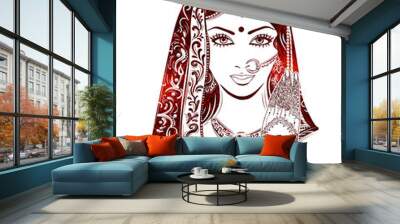 Shaadi. Indian woman in a wedding dress and bridal jewelry in the background of patterns of paisley. Wall mural