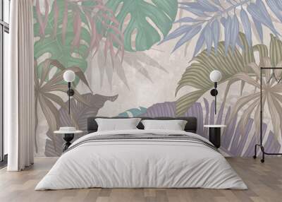 Tropical seamless wallpaper from banana leaves in colorful and multicolor colors. Jungle, and Jungalow Style. Vintage style old engraving	 Wall mural