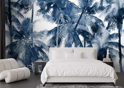 Tropical watercolor pattern. Palm trees and tropical branches in seamless wallpaper on a white background. Digital art. Can be used for manufactory and textiles Wall mural