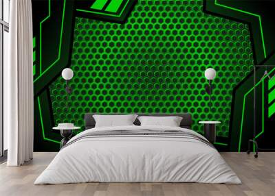 modern green gaming background with hexagon pattern.  Abstract black and green polygon with green glow lines Wall mural