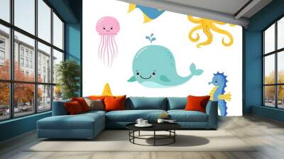 Cute baby sea fishes. Vector cartoon underwater animals collection. Jellyfish and starfish, ocean and sea life illustration Wall mural