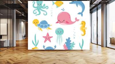 Cute sea creatures and animals vector icons isolated on white background. Kawaii style Wall mural