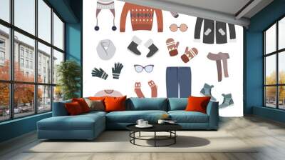 Colorful set of modern and stylish winter women clothing. Vector illustration with jacket, pants, sweaters, winter shoes and accessories. Wall mural