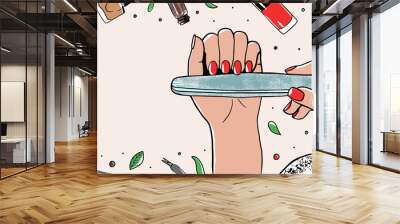 Female manicured hands. Lady painting, polishing nails. Nail brush, nail polish, nail file. Spa treatment beauty concept. Hand drawn colored trendy banner with copy space Wall mural