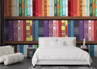 Wooden bookcase full of different books. Pattern. Education library and bookstore concept.  Wall mural