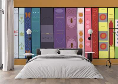 Wooden bookcase with books. Bookshelves with multicolored books. Illustration in flat style. Horizontal banner Wall mural