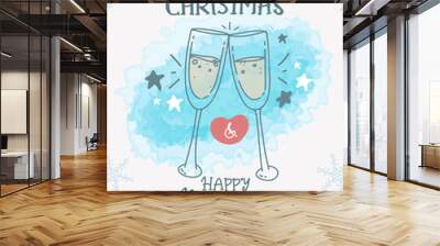  Hand drawn party greeting card with champagne glasses vector illustration. merry cchristmas and happy new year Perfect for a Christmas card or an elegant holiday party invitation Wall mural