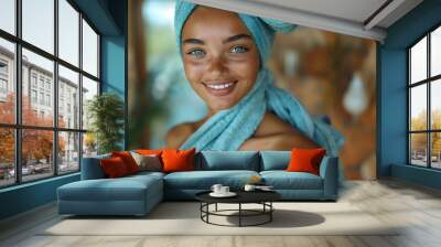  vibrant woman with a towel wrapped around her head smiles warmly. Ideal for wellness, skincare, and self-care concepts, promoting beauty and relaxation. Perfect for spa, skincare, and lifestyle conte Wall mural