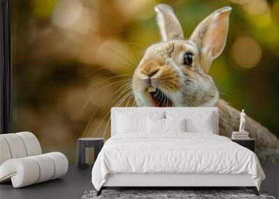 A close-up of a brown rabbit with its mouth open, possibly in mid-yawn or making a sound, set against a natural outdoor background. Perfect for themes related to wildlife, animals, or nature photo Wall mural