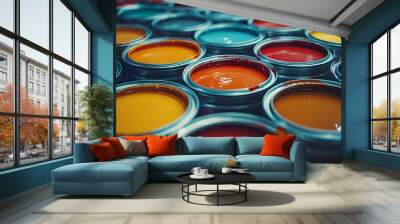 A close-up view of open paint cans filled with vibrant colors, showcasing a variety of rich hues like red, orange, yellow, and teal. Perfect for art, DIY, and design-related projects. Wall mural