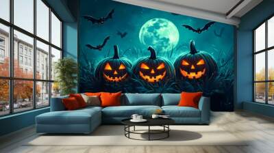 A group of pumpkins sitting in a field with bats flying around them Wall mural