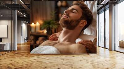 A masseur is giving a massage to a man, macro photo of the process; promo; advertising Wall mural