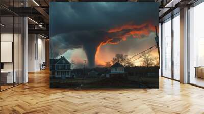 A powerful tornado descends from dark clouds, while the vibrant sunset highlights the surrounding houses and stormy atmosphere Wall mural