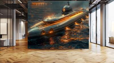 A sleek, modern submarine glides through dark waters, its exterior illuminated by striking lights against the night backdrop Wall mural