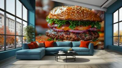 A vibrant, close-up illustration of a perfectly stacked cheeseburger, with layers of juicy beef patty, melted cheese, crisp lettuce, tomato, pickles, and a toasted sesame seed bun Wall mural