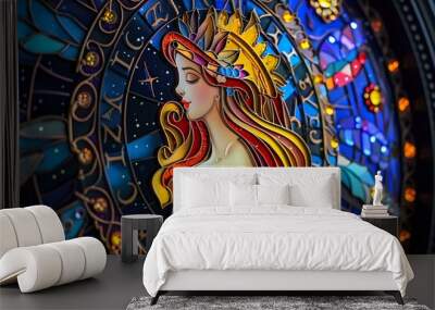 A vibrant stained glass artwork featuring a female figure surrounded by zodiac symbols, capturing an ethereal and celestial essence. Perfect for astrological, spiritual, and artistic themes. Wall mural