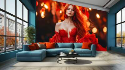 A woman in a red dress standing in front of a string of lights Wall mural