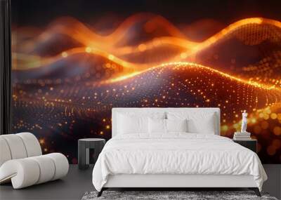 Abstract image of glowing orange and gold waves of dots, representing data flow, technology, and digital communication, perfect for themes of innovation and modern technology. Wall mural