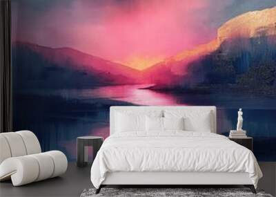 Abstract oil painting a mountain landscape, grey and pink tones, emotional expression, minimalism expressionist. Wall mural