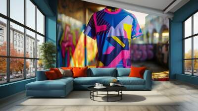 Add a bold pop of color to your outfit with this modern and eye-catching Heat Transfer T-Shirt featuring vibrant geometric patterns that are sure to turn heads. Perfect for adding a stylish touch  Wall mural