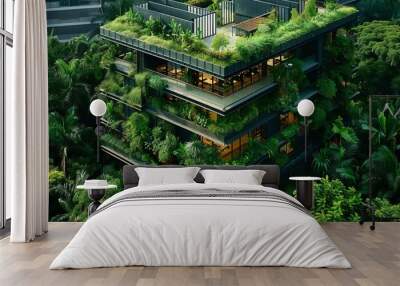 Aerial shot of a modern eco-friendly office building surrounded by lush greenery in the heart of the city. Wall mural